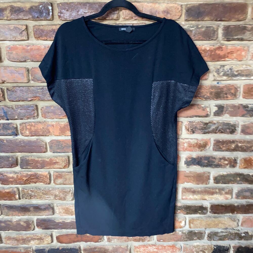 Mango MNG Casual Black Metallic Mesh Short Sleeve Mini Dress Women's Size XS